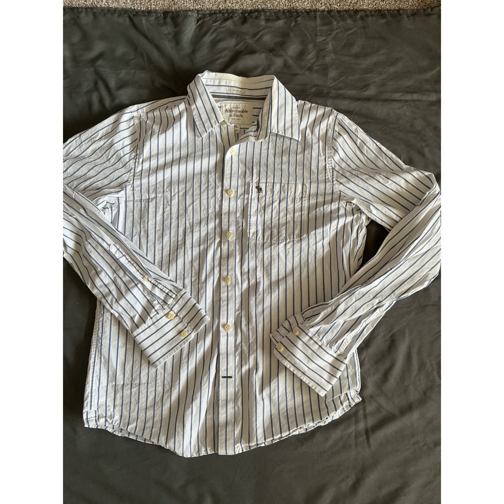 Vintage Abercrombie&Fitch Mens XXL White Blue Good‎ Muscle Fit Striped Shirt Y2K